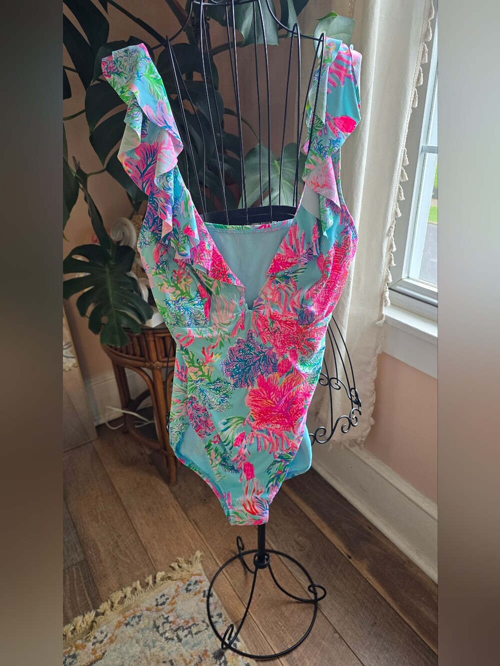 ✨ Lilly Pulitzer Aemma Ruffle One-Piece Swimsuit | Size 14 | Coral & Blue ✨ EUC